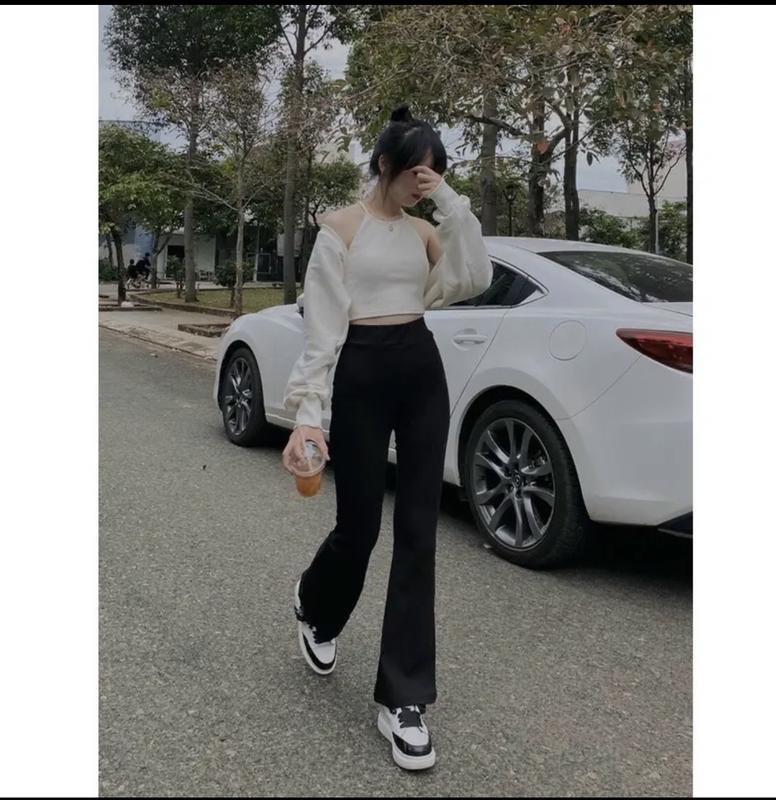 Quần Ống Loe legging Thun Cotton (hình thật) Cạp chun, lưng cao, có túi