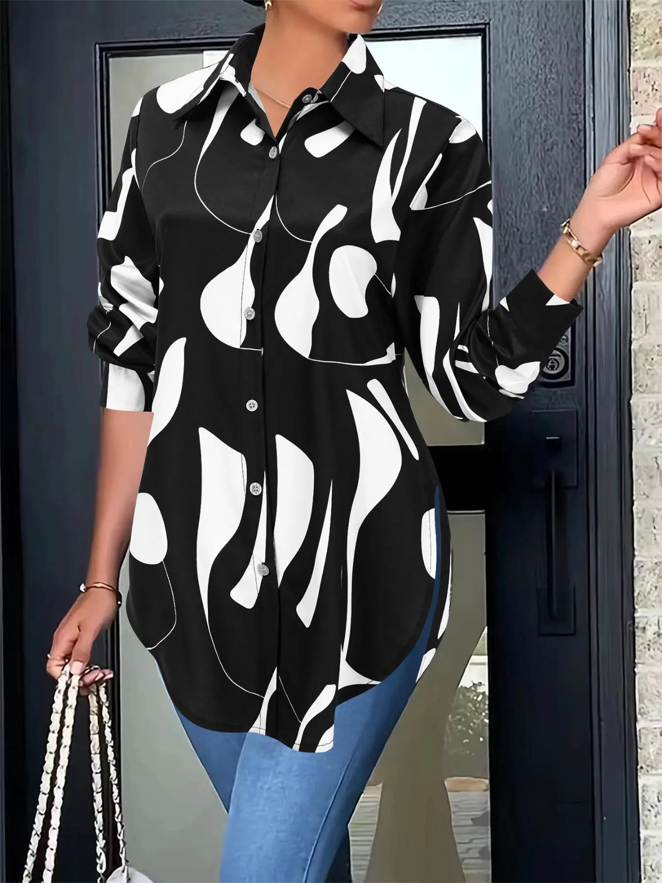 Women's Colorblock Print Button Front Shirt, Casual Long Sleeve Collared Top for Fall & Winter, Ladies Clothes for Daily Wear