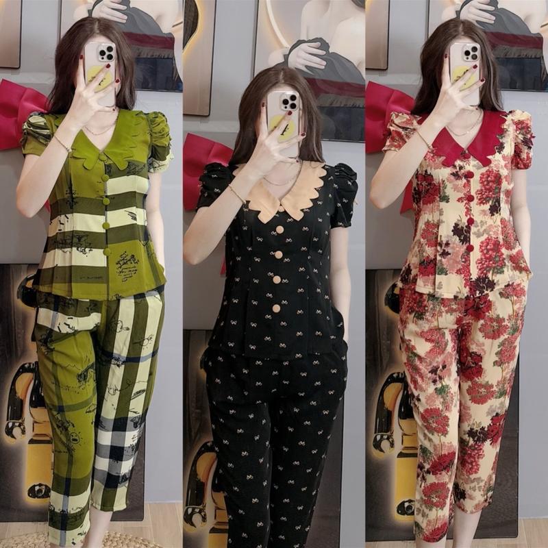 [Quần 9 tấc ] Set đồ bộ cổ lượn Mango tay nhún phom trích ben hoạ tiết xinh vải mềm mát - Kem Nhung Voi Áo