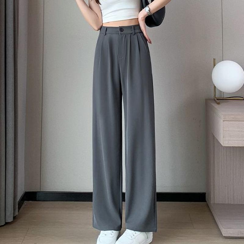 Women Suit Pants with Side Pockets High Waist Solid Color Wide Leg Commuter Pants Button Zipper Closure Loose Full Length Pants for Daily Wear Travel 3