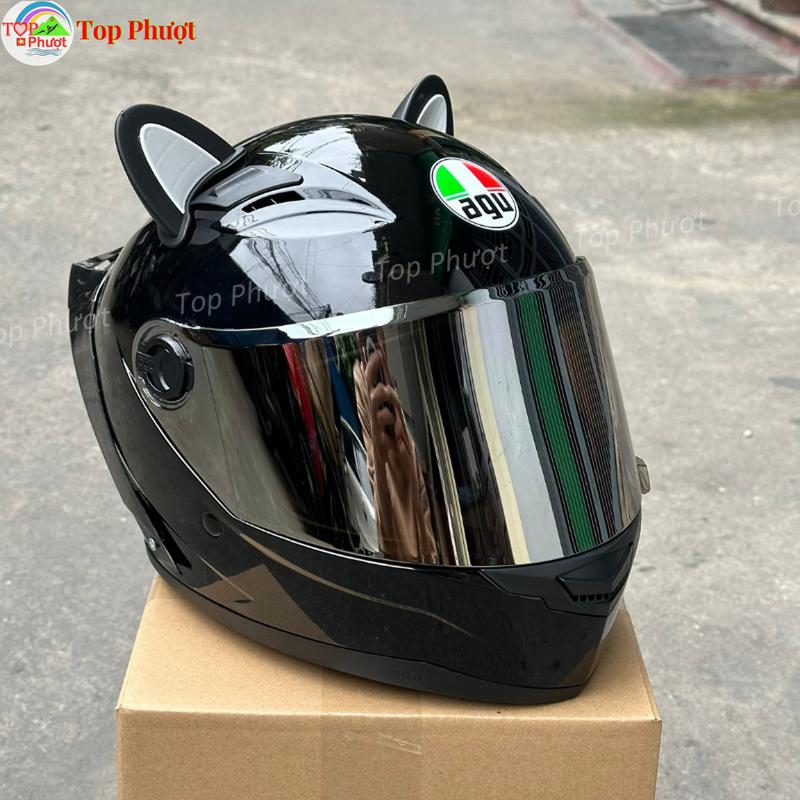 Mũ bảo hiểm Fullface Agu đen bóng tặng tai mèo, gắn sẵn đuôi gió Helmet