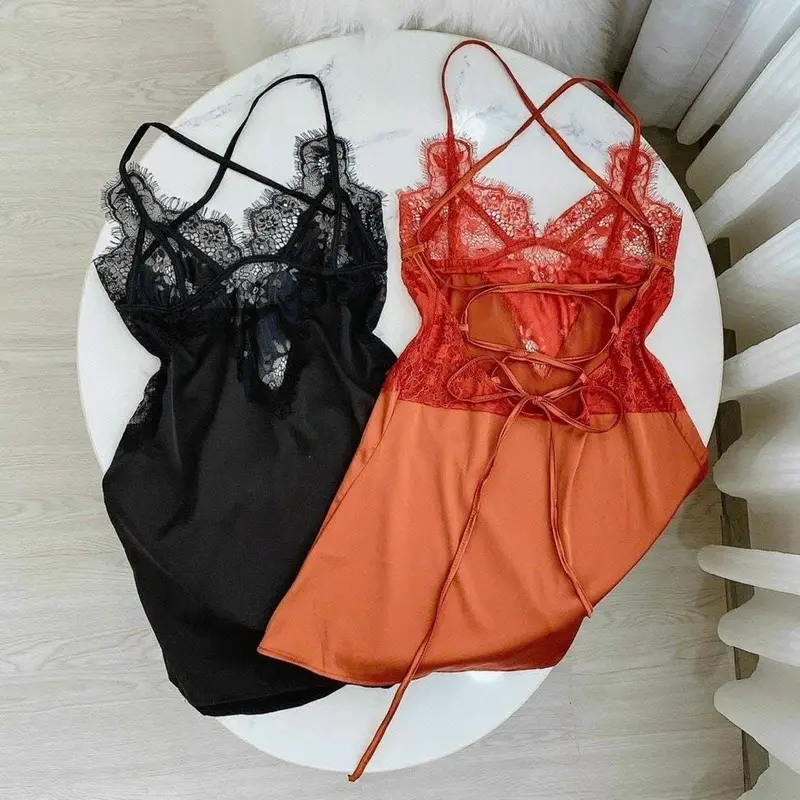 ￼ Váy ngủ sexy phối ren cúp ngực sang chảnh, đầm ngủ lụa dáng suông gợi cảm HT178 2