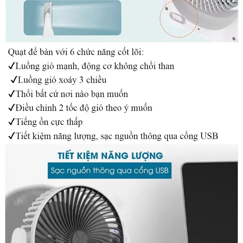 Quạt Tích Điện Mini Để Bàn Super Fan - Công Suất Lớn 3 Cấp Độ Gió Siêu Mát Động Cơ Êm Ái Xoay 210 6