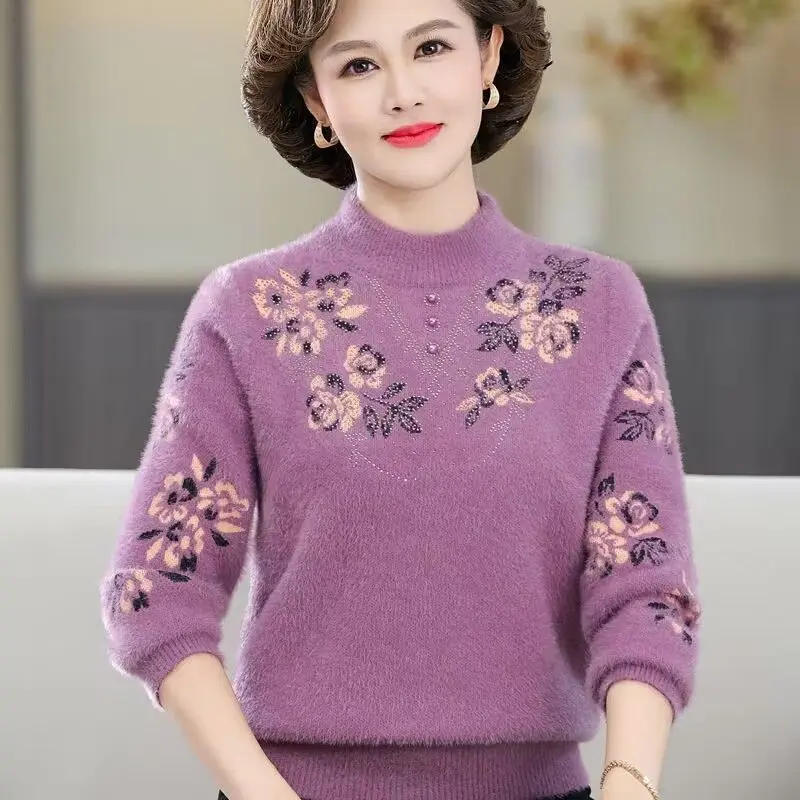 Quần Áo Phụ Nữ Trung Người Già Và Cao Tuổi, Lót Lông Cừu, Dày Dặn, Áo Len Cho Mẹ, Thích Hợp Cho Mùa Thu Và Mùa Đông, Áo Giả Marten, Áo Len Bottoming Ấm Áp