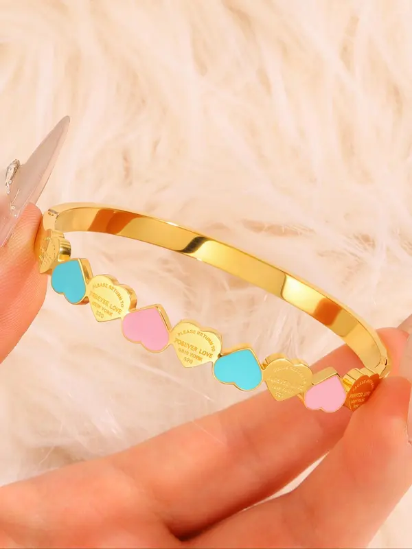 Stainless Steel Heart Decor Bangle, Fashionable Jewelry for Women & Girls, Trendy All-match & Exquisite Jewelry for Birthday Gift 4