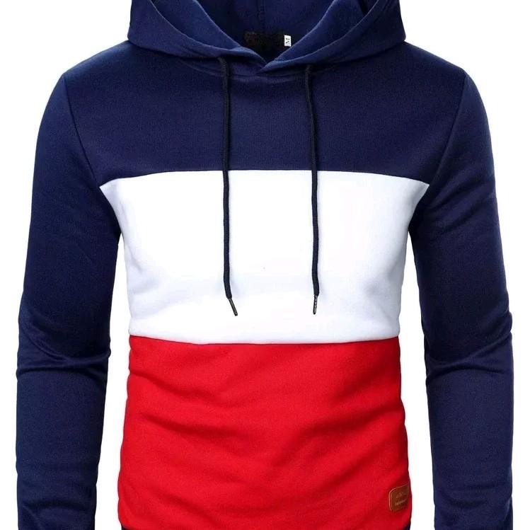 jaket hoodie kombinasi 3 warna Abu Biru Merah Fleece Tebal Pria varsity sweater hoodie cowok hodi 2
