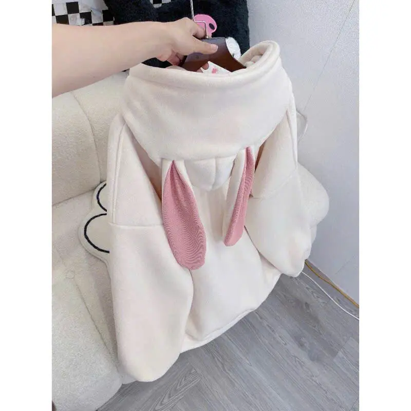 Áo nỉ hoodie tai thỏ dài mũ trùm siêu đáng yêu tặng kèm nơ hồng baby