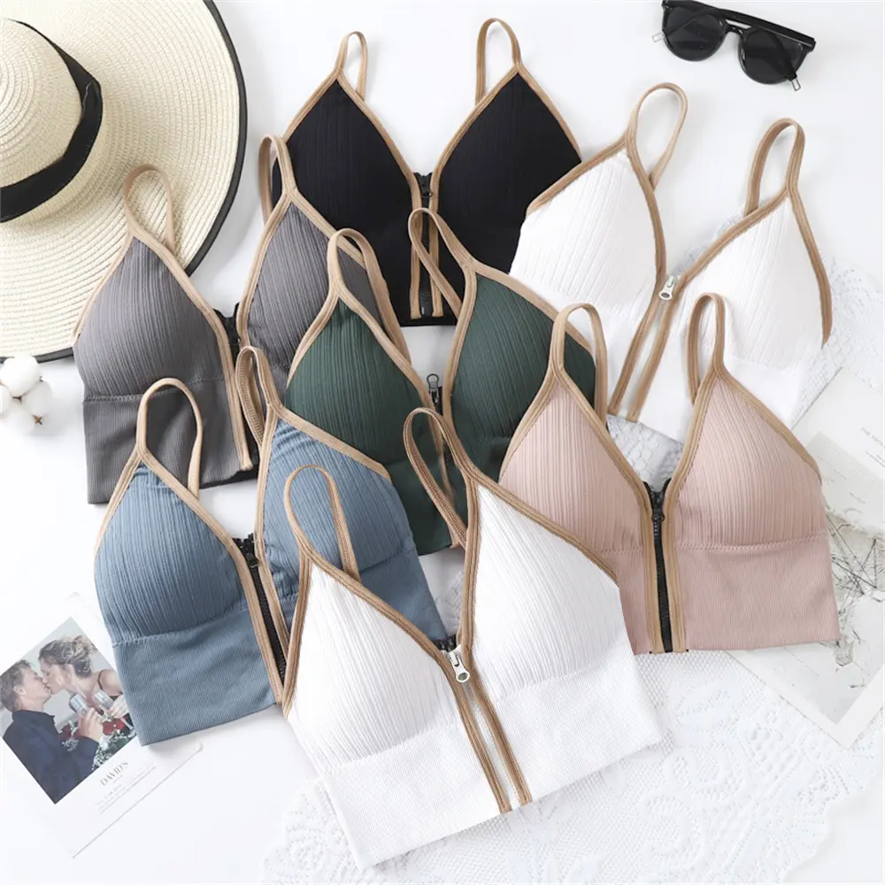 Fashionable Front Strap Deep V Zipper Chest Wrap Sexy Sling Vest Hot Girl Breathable No Steel Ring Running Yoga Gathered Sports Bra For Women SS24 DDUN Smooth Womenswear