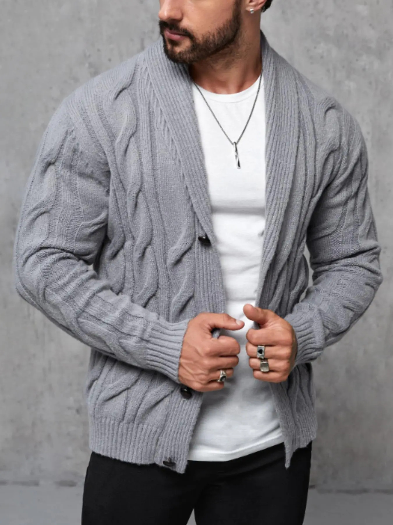 Men's Solid Button Front Cable Knit Cardigan, Regular Fit Casual Long Sleeve Shawl Collar Knitwear for Fall & Winter, Men's Knit Clothing for Daily Wear