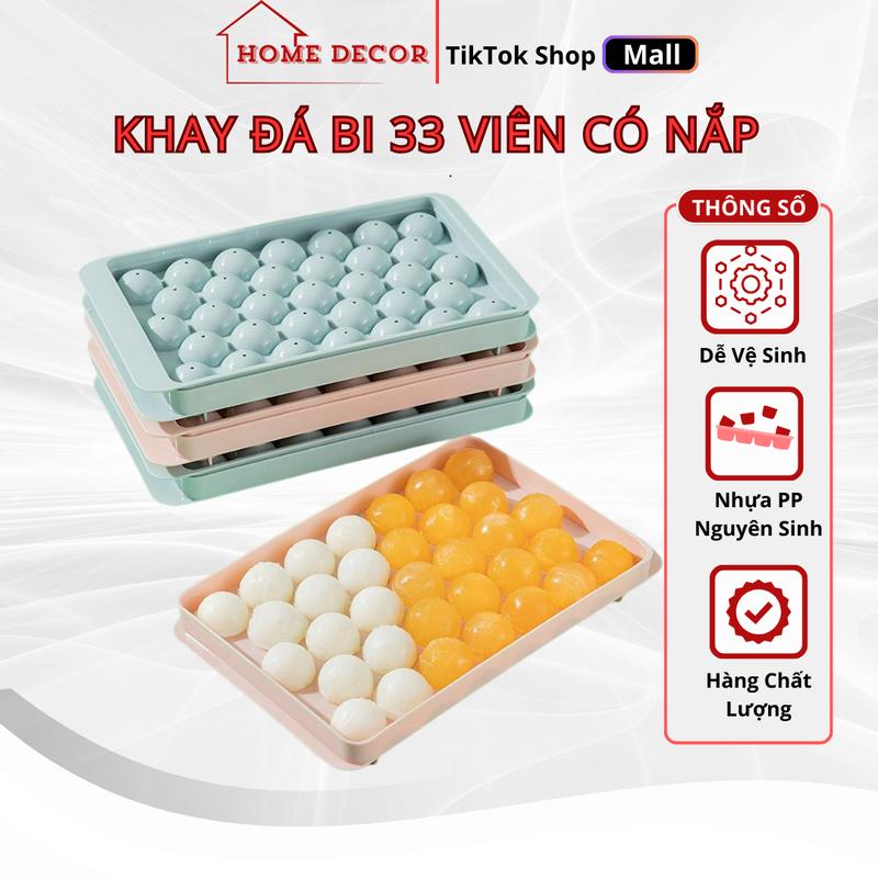 Khay Làm Đá Viên Tròn Khuôn Làm Thạch Rau Câu 33 ô Silicone Có Nắp