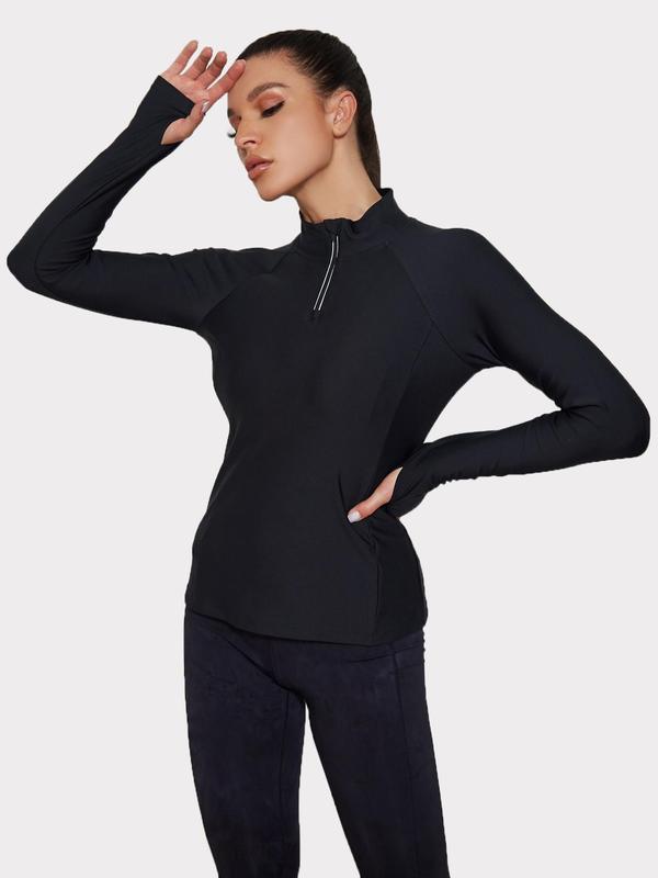 Women's Solid Zip Up Raglan Sleeve Sports Tee, Sporty Round Neck Long Sleeve T-Shirt for Daily Outdoor Wear, Ladies Sportswear for All Seasons 2