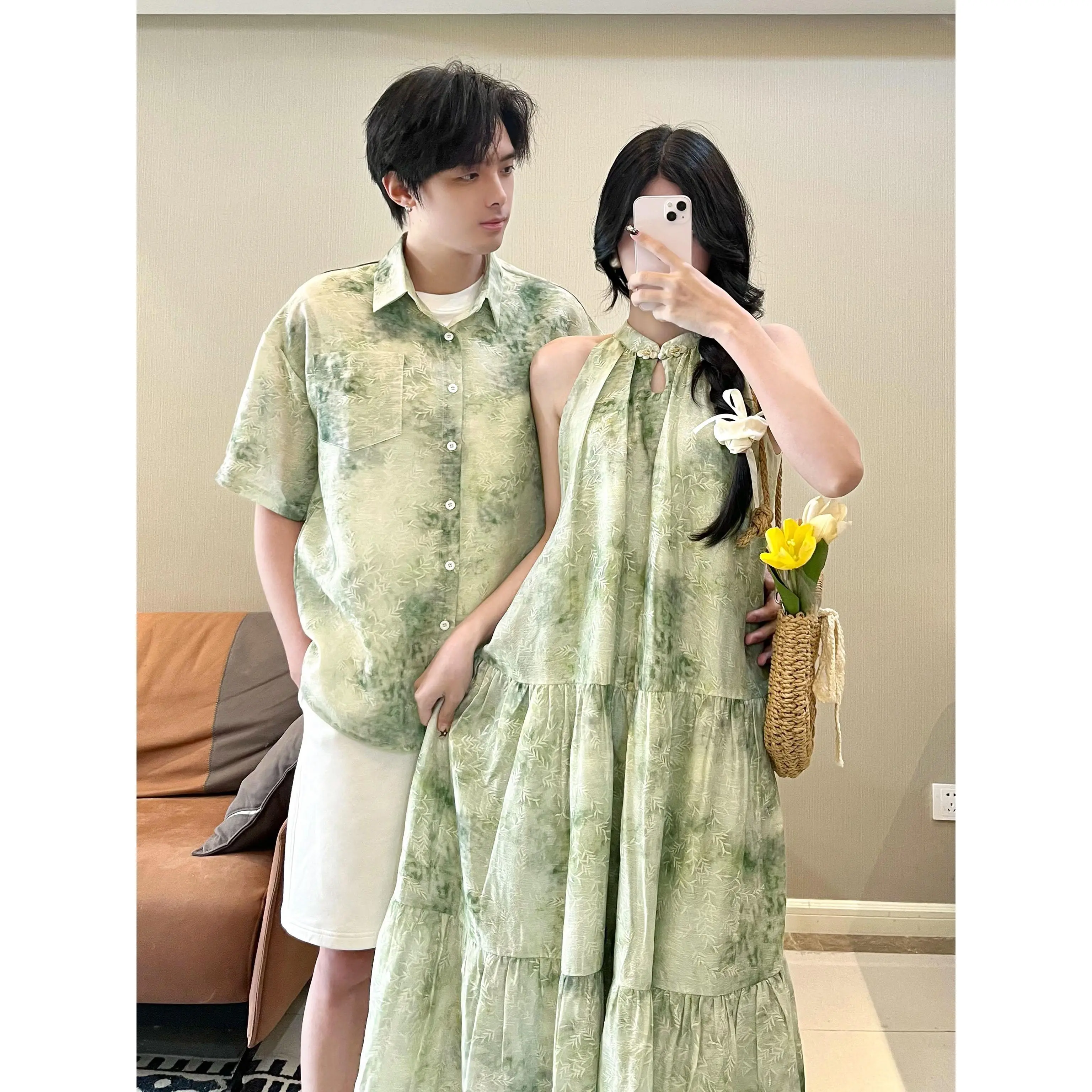 Trang Phục Cặp Đôi, Phong Cách Trung Quốc Mới, Váy Cổ Yếm Không Tay Váy Một Chiếc, Váy Dài Trung Bình Thích Hợp Cho Mùa Hè, Hàng Mới Về