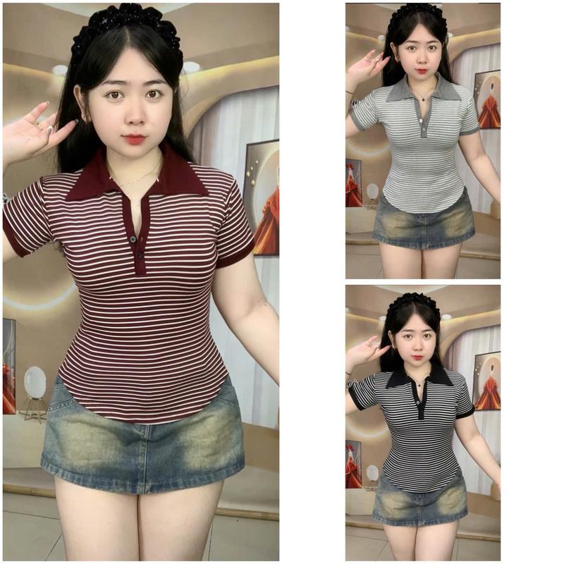 Áo thun Borip sọc nhuyễn xịn cổ trụ tay ngắn phom xinh hack dáng TN500
