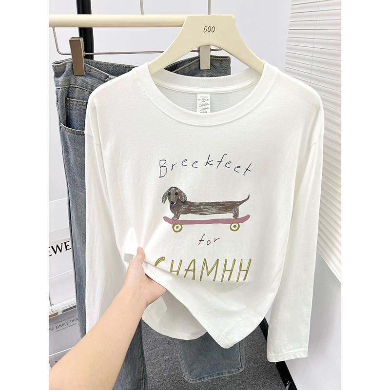 Áo Thun Cotton Nguyên Chất, Cổ Tròn, Dài Tay, Dành Cho Nữ, Hàng Mới Về Mùa Thu 2024, Phong Cách Thời Trang Hàn Quốc, In Hình Trẻ Trung, Dáng Rộng Vừa Vặn, Quần Áo Đáy 6