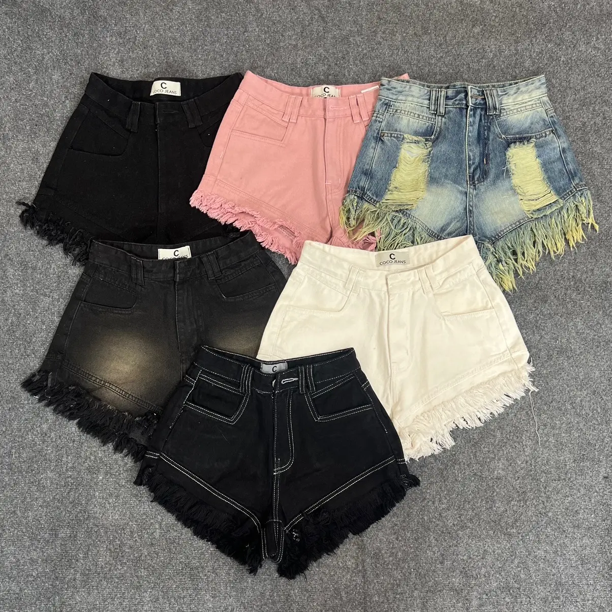 KT05 Quần Đùi Short Jean Nữ Ngắn 28cm Cạp Cao , Ống Rộng Tua Rua Women Ong Pants Trắng
