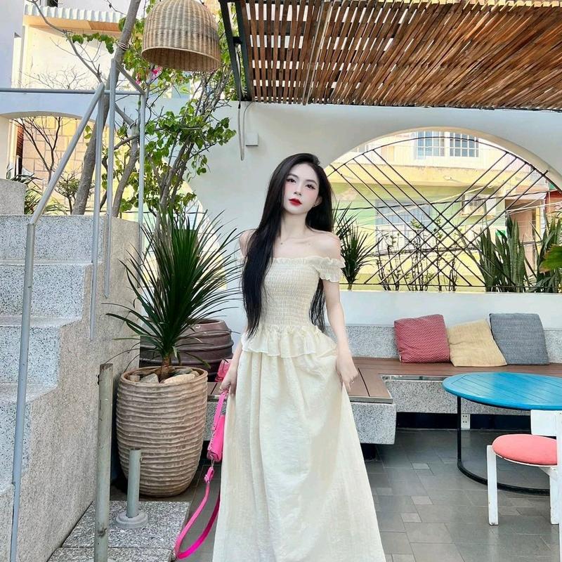 Váy maxi dáng dài maxi trễ vai tơ xốp bèo bụng 2 lớp chân váy dài 90 cm. Maxi đi biển đẹp.