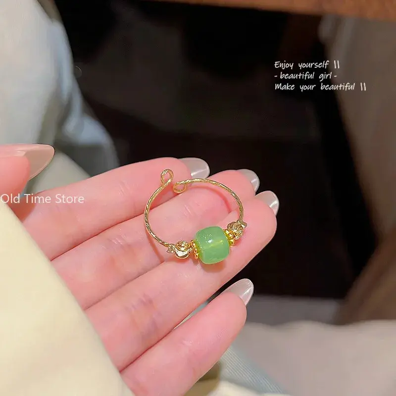 Gold Color Party Creative Jewelry New Vintage Fashion Adjustable Rings for Women Can Turn To Relieve Anxiety Jade Ring 2