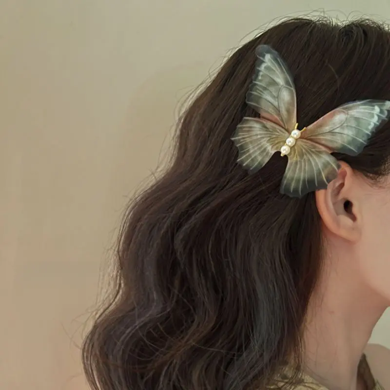 Summer Double-Layer Butterfly Chiffon Hair Clip, Vintage High-End Bow Duckbill Side Hair Clasp For Women