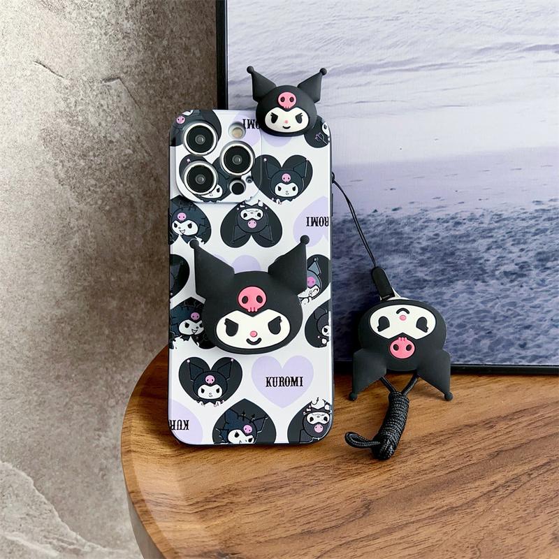 Product Introduction of 3D Cartoon Kuromi Toy With Lanyard Phone Holder Case For iPhone 16 15 14 13 12 11 Pro Max Plus Casing Soft Silicone Strap Rope Cover 24