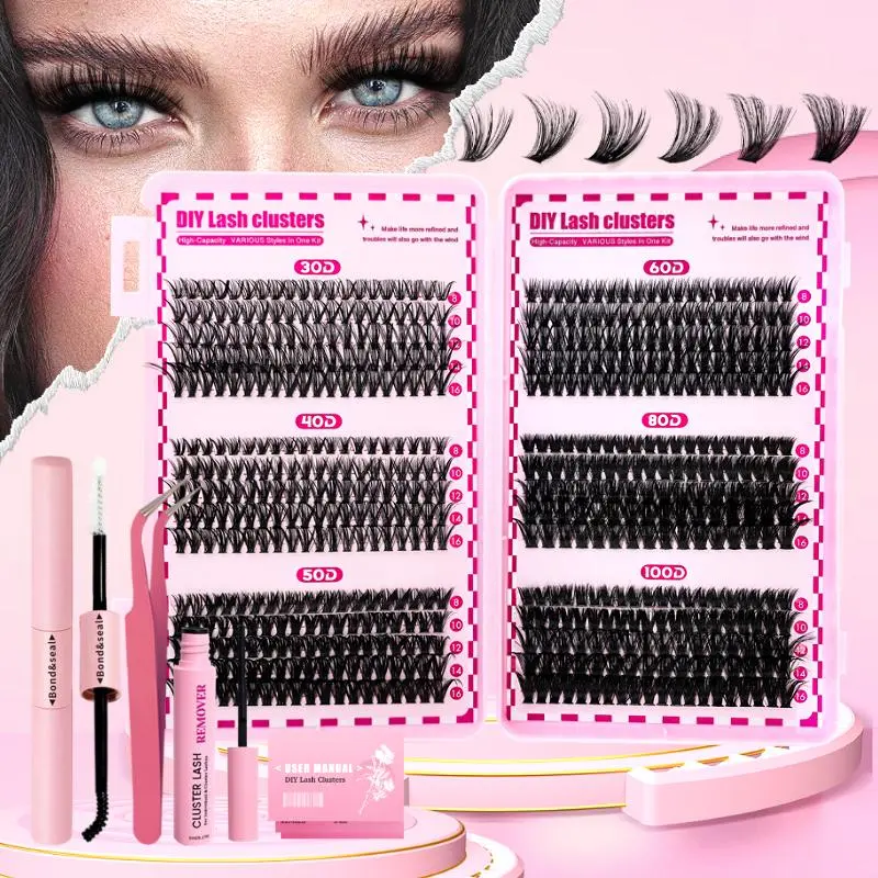 Mixed Individual False Eyelashes Kit, 1 Set D Curl 8-16mm Eyelash Book, Big Volume Soft Individual Cluster Lashes, Wispy Eyelash Extention Kit with Bond and Seal, Remover, Tweezers