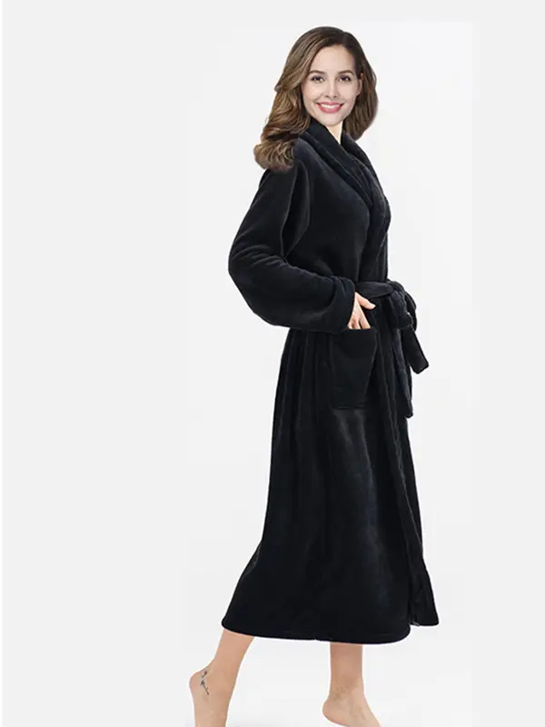 Women's Pocket Belted Shawl Collar Flannel Robe, Casual Long Sleeve Bathrobe Housecoat Dressing, Comfort PJ For Lady, Cold Weather Gear 8