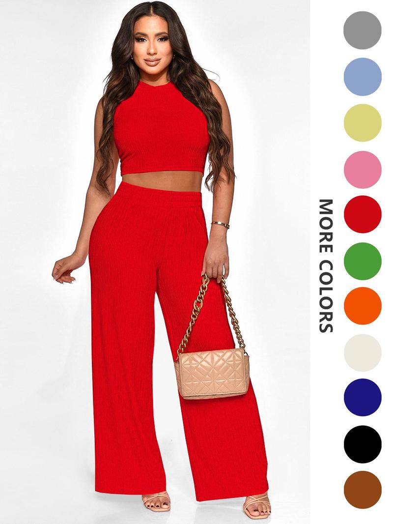 Product Introduction of Two-piece Set Women's Solid Textured Co-ord Set, Casual Round Neck Crop Tank Top & Wide Leg High Waist Pants Set, Ladies Summer Clothes for Daily Wear 5