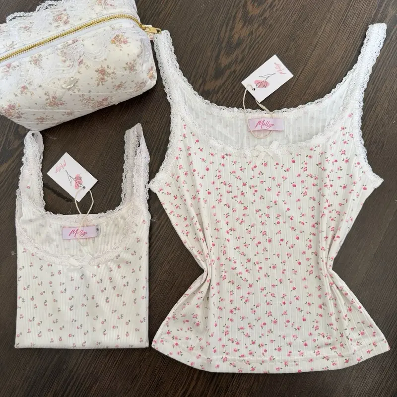 FLOWER TOPS| áo 2 dây nữ mặc nhà, viền ren hoạ tiết hoa nhí dễ thương