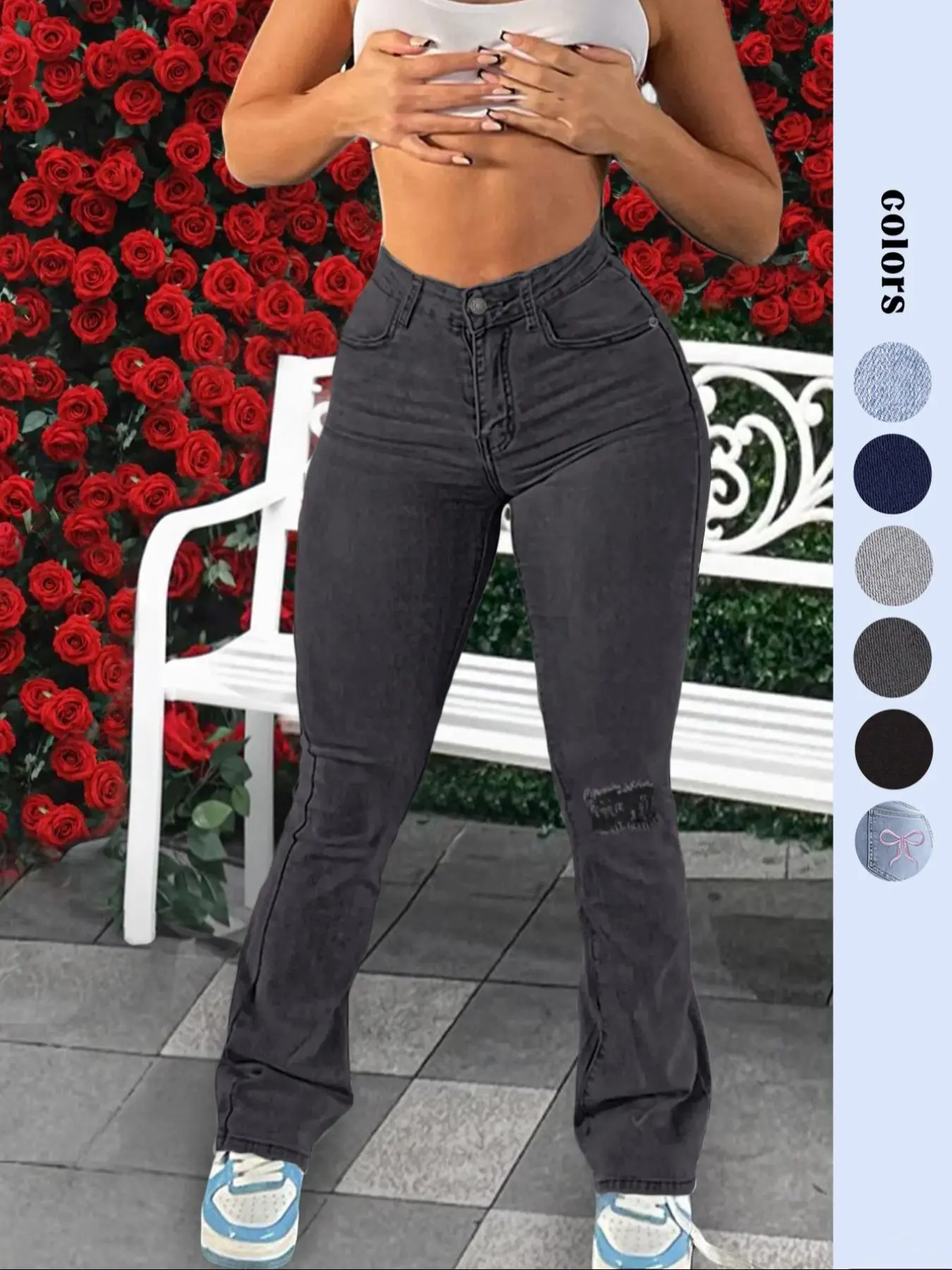 Women's Plain / Bow Pattern Flare Leg Jeans, Casual Comfy Ripped High Waist Denim Trousers for Daily Wear, Ladies Bottoms for All Seasons