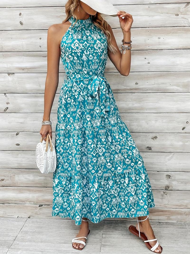 Product Introduction of Women's All Over Print Belted A Line Dress, Casual Sleeveless Keyhole Neckline Long Dress for Spring & Fall, Women's Clothing for Daily Wear 4