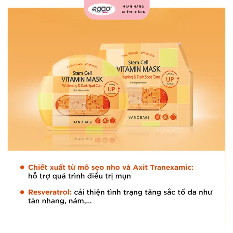 Combo 5 Miếng Mặt nạ Banobagi Hỗ trợ Làn Da Tươi Sáng và Rạng Rỡ, Stem Cell Vitamin Mask Whitening 150g (5 miếng) - Egao 8