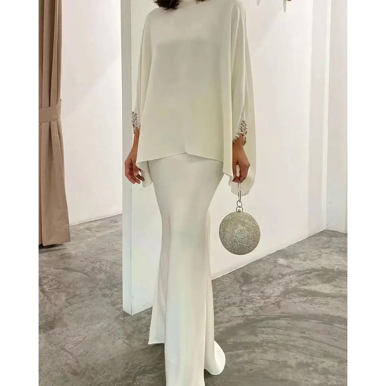 Abaya Muslimah untuk Wanita, Gaun 2PCs Elegan, Set 2 helai, Sut Skirt Lengan Kelawar, Gaun Mutiara, Vestido Eid Hijab, Pakaian Islamik, 2024