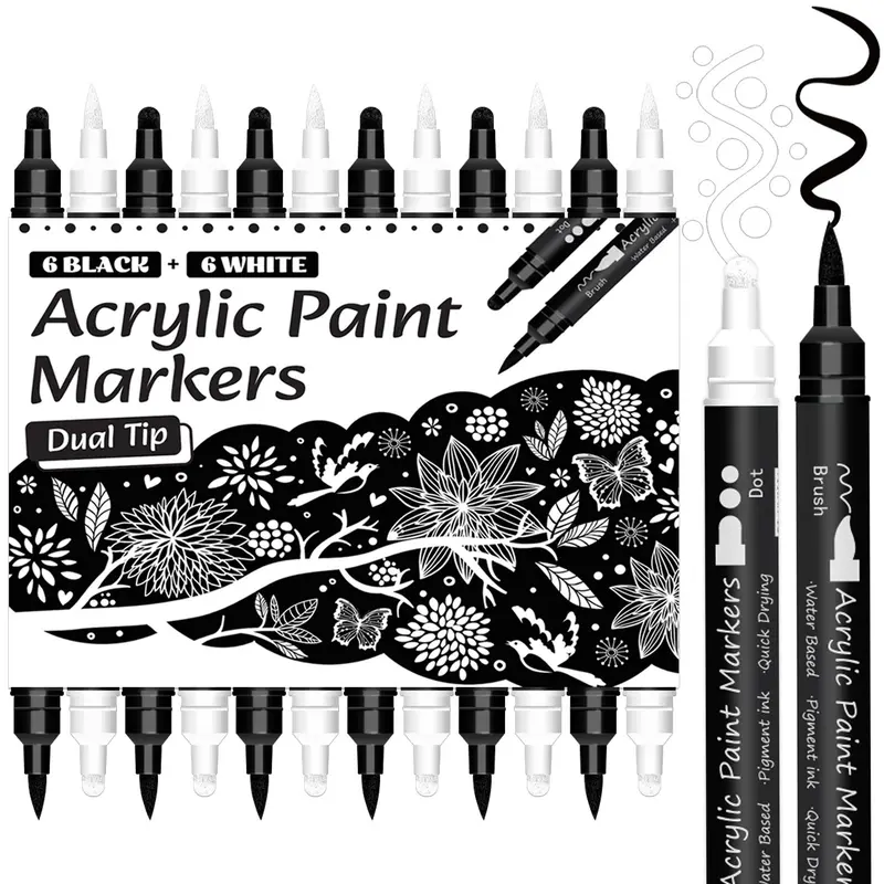 Acrylic Paint Marker Set, 12pcs/set Double-ended Acrylic Paint Marker Pen, Art Marker Pen for Rock Painting, Wood, Canvas, Plastic, Glass, Ceramic 6