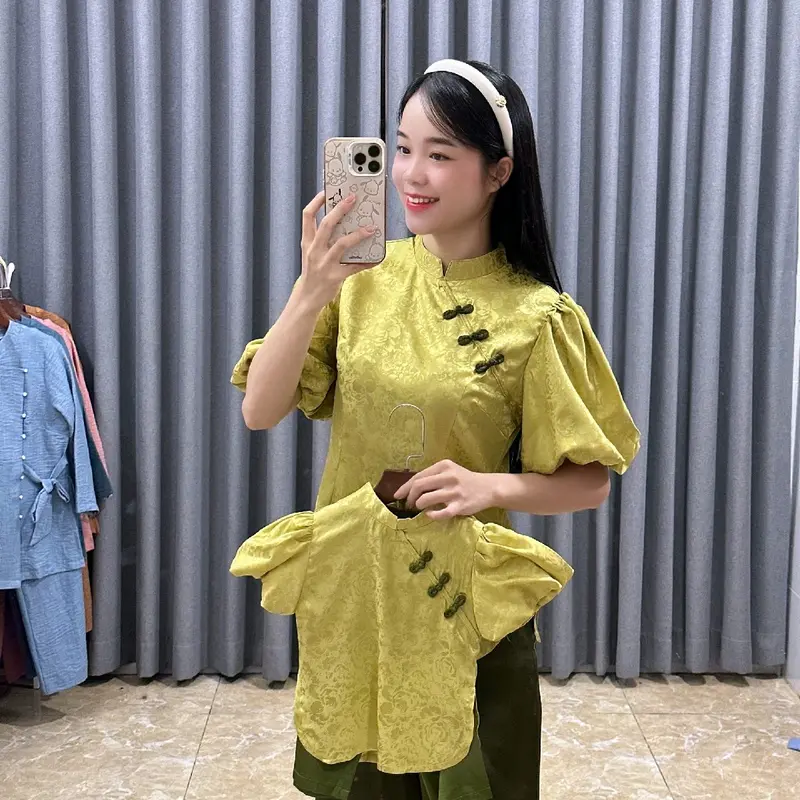 set gấm mẹ và bé gái size 4-70kg đồ gấm tết Áo Top 1