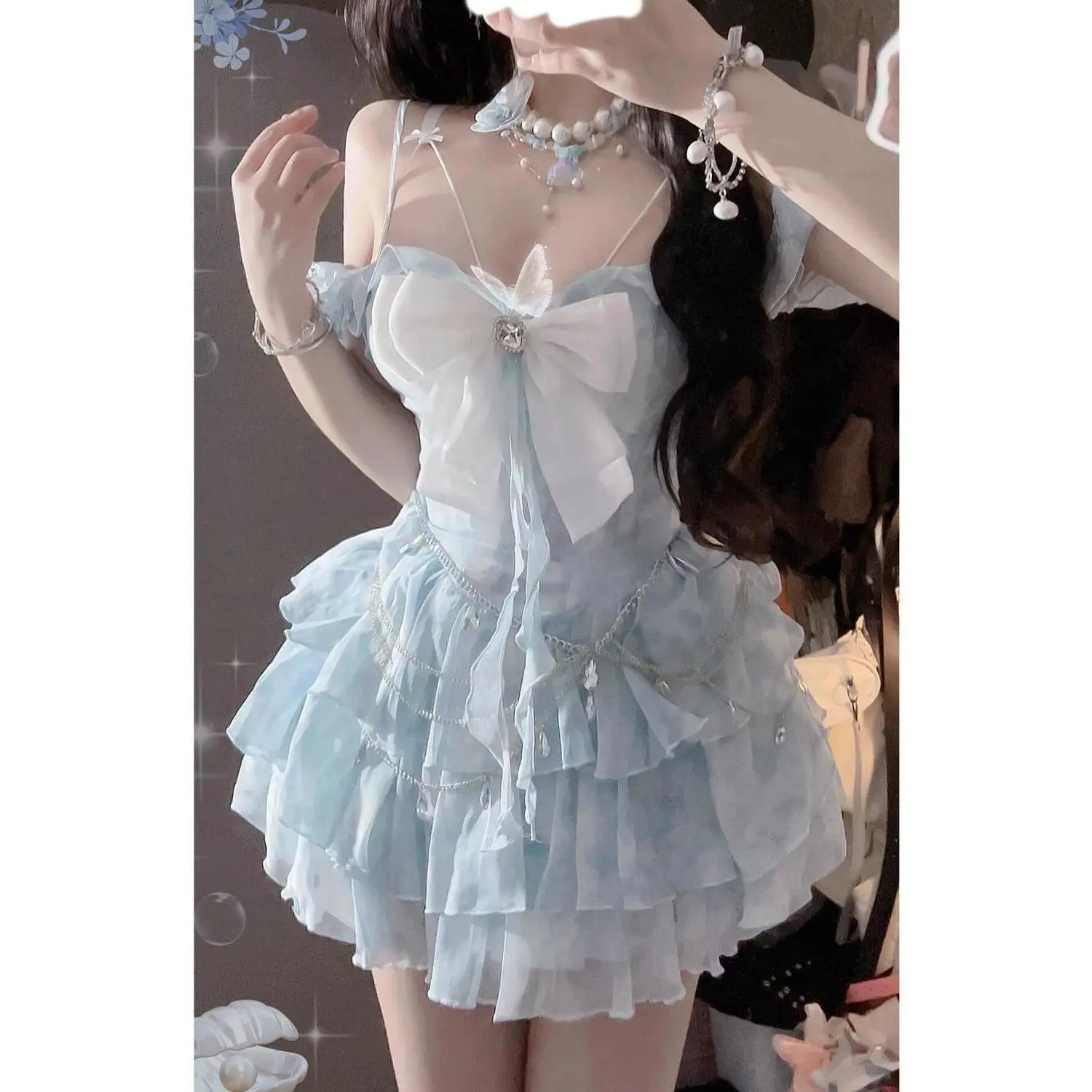 Váy Hai Dây Voan Tie-Dyed, Phong Cách Trà Tiệc Trà Nhẹ Nhàng Mùa Hè, Phong Cách Mori Với Nơ, Váy Bánh Ngọt Công Nghiệp Nặng, Thích Hợp Cho Kỳ Nghỉ