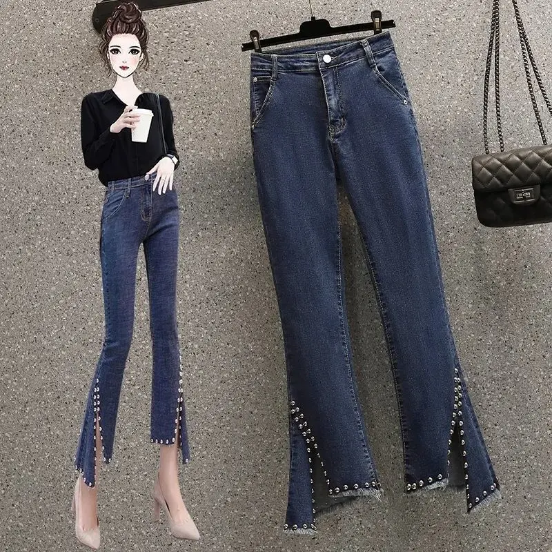 Quần Jean Ống Loe, Thiết Kế Trẻ Trung Và Đẹp, Dành Cho Nữ, Ôm Sát, Quần Xẻ Tà Mỏng, Thời Trang, Đính Cườm, Hàng Mới Về Mùa Hè 2024 0