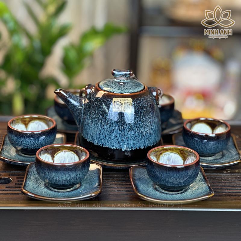  Bộ ấm chén Bát Tràng nghệ nhân ưu tú Tô Thanh Sơn dáng Siêu men Hỏa biến màu Xanh Rêu 