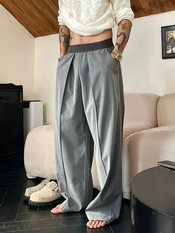 Men's Solid Color Wide Leg Pants, Loose Casual Comfy Trousers for Spring & Fall, Men's Bottoms for Daily Wear, Beige 0