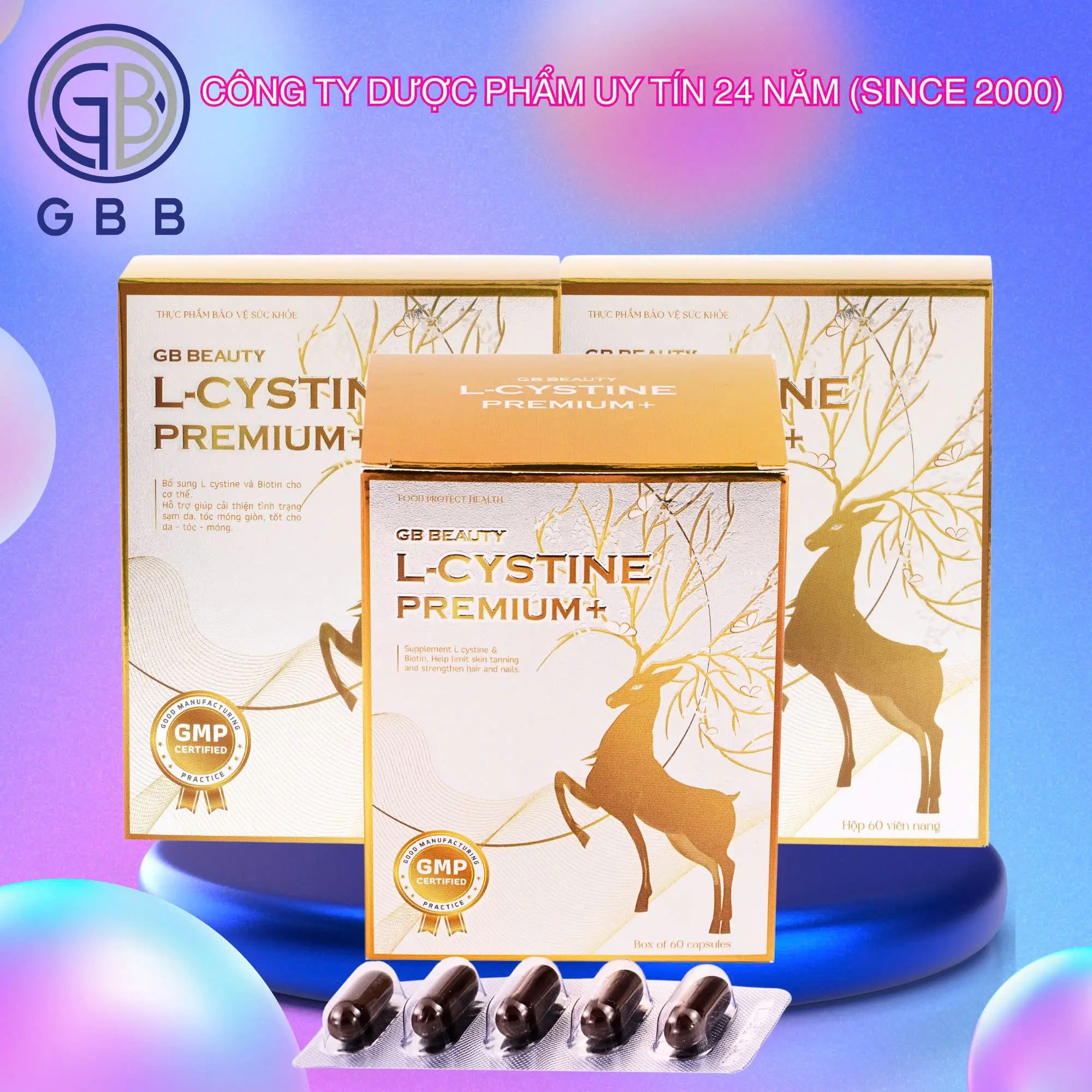 Combo 3 hộp GB BEAUTY L-CYSTINE PREMIUM+ hỗ trợ mọc tóc, làm đẹp da, cải thiện da tối màu, cấp ẩm, giảm lão hoá