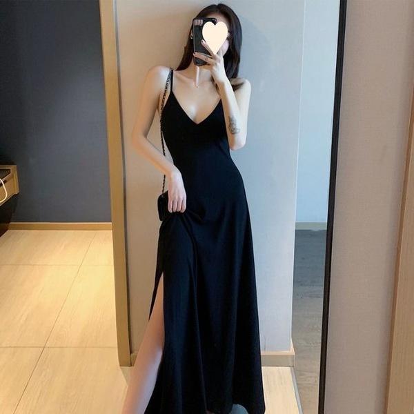 Product Introduction of váy body hở lưng  Váy Nhỏ Màu Đen Có Dây Đeo Cho Nữ, Cổ Chữ V, Xẻ Tà Bên Hông, Gợi Cảm, Nhẹ Nhàng, Cổ Điển, Dài 24