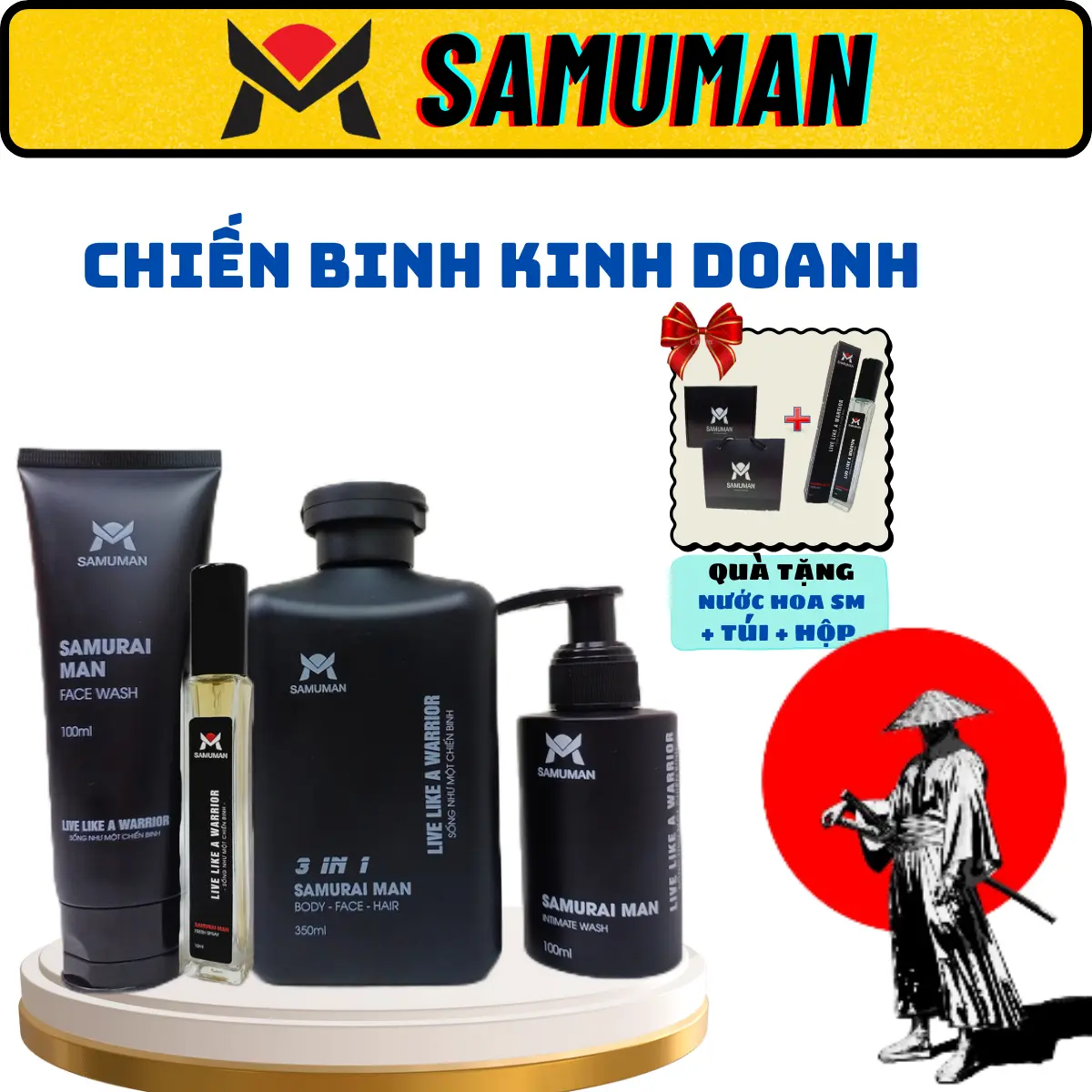 [Mua 1 tăng 3] Combo Chiến Binh Kinh Doanh SAMUMAN ( Sữa tắm gội 3in1 350ml + Sữa Rửa Mặt Sạch Mụn 100ml+ Dung Dịch Vệ Sinh Nam 100ml + Xịt Thơm Miệng Kiss Love ) - Tặng : 1 Nước Hoa + 1 Túi +1 Hộp Skincare man