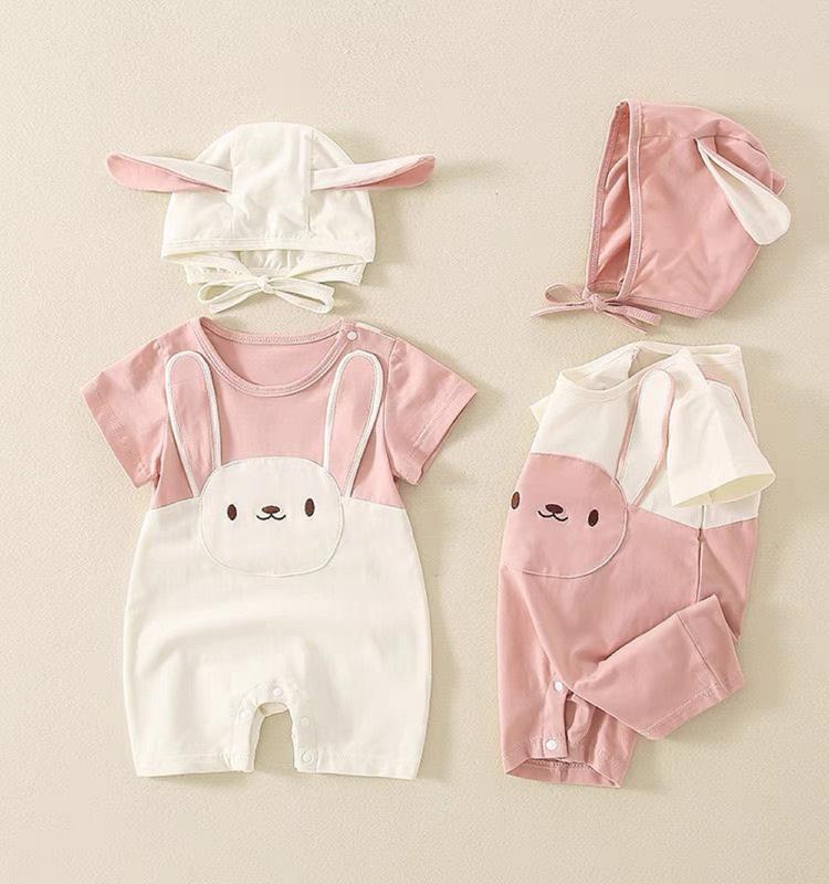 Áo liền quần Cotton Body đùi cộc tay kèm nón Bodysuit cho bé sơ sinh bé trai bé gái Body tai thỏ SLH197