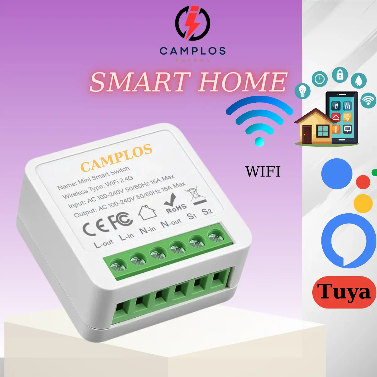 Bộ chuyển đổi công tắc và ổ cắm Smart Switch Wifi mini Camplos 16A Công tắc ổ cắm wifi tuya không dây