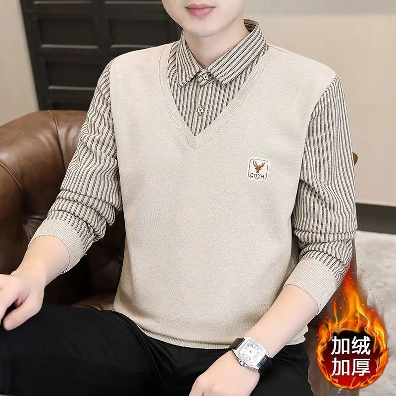 Áo Len Cổ Áo Sơ Mi, Đồ Len Nam, Cho Mùa Thu Và Mùa Đông, Phong Cách Thường Ngày Lông Cừu Và Dày, Dài Tay, Áo Cơ Sở Ấm Áp, Thiết Kế Hai Mảnh Giả, Năm 2025