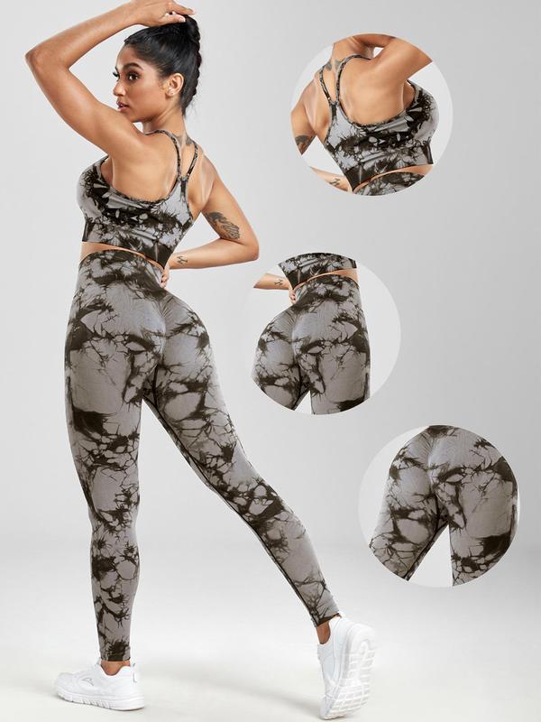 Three-piece Set Women's Tie Dye Print Tracksuit Set, Casual Sports Bra & High Waist Leggings & Biker Shorts, Ladies Sportswear for Yoga Gym Workout 9