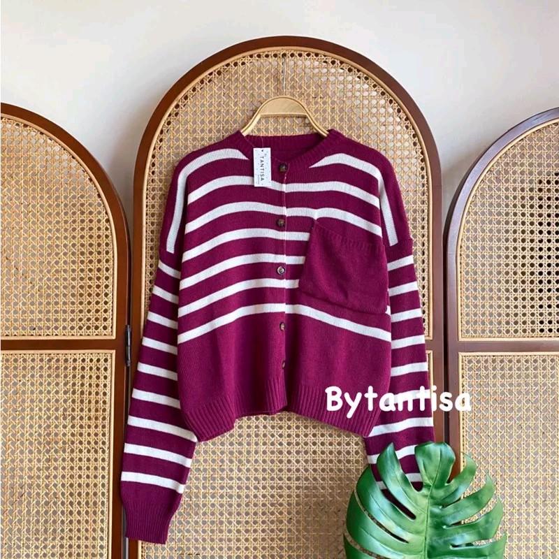 Cardigan Rajut Wanita Flora Full Kancing Motif Salur Setrip Blaster Baju Atasan Garis Kerah Nyaman Knitwear Panjang 0