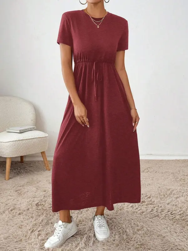 Women's Plain Pocket Dress, Elegant Fashion Casual Round Neck Short Sleeve Dress for Daily Outdoor Wear, Ladies Dress for All Seasons 2