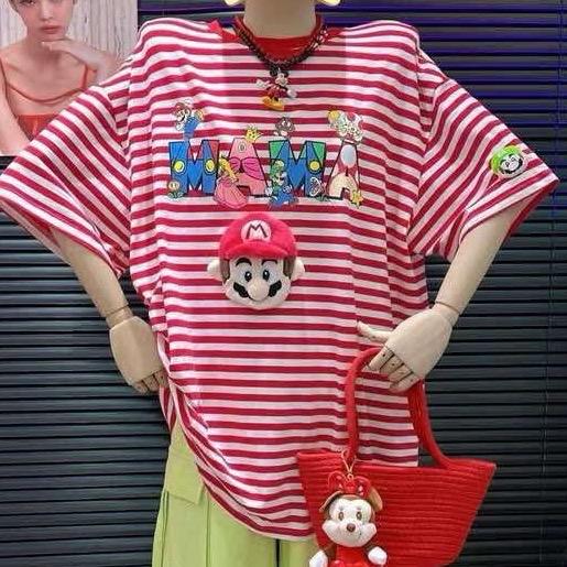 Áo thun kẻ sọc tay ngắn Mario đính charm nổi Jiwa Quảng Châu chính hãng Nữ Women