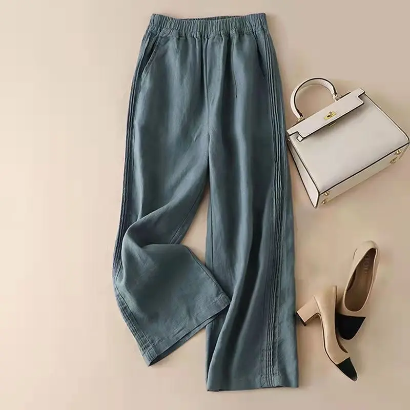 Quần Ống Rộng, Chất Liệu Cotton Và Vải Lanh, Dáng Xòe, Dành Cho Nữ, Hàng Mới Về Mùa Hè 2024, Dáng Rộng Vừa Vặn, Cạp Cao, Mỏng Và Thẳng, Quần Thường Ngày