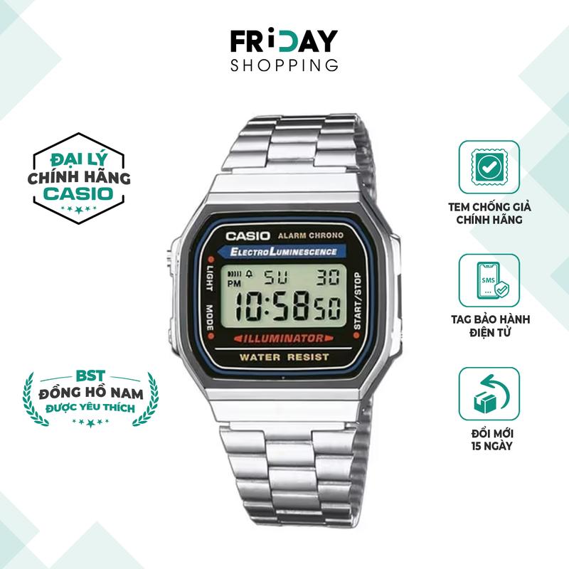 Đồng Hồ Nam Điện Tử Casio Watch A168WA-1WDF Mặt Vuông Dây Kim Loại Đeo Tay Chính Hãng Chống Nước 5ATM