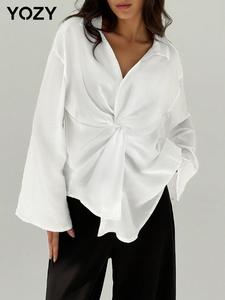 YOZY Women's Plain Twist Drop Shoulder Blouse, Casual Long Sleeve Collared Top for Fall & Winter, Women's Clothing for Daily Wear